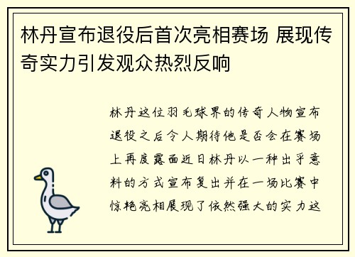 林丹宣布退役后首次亮相赛场 展现传奇实力引发观众热烈反响